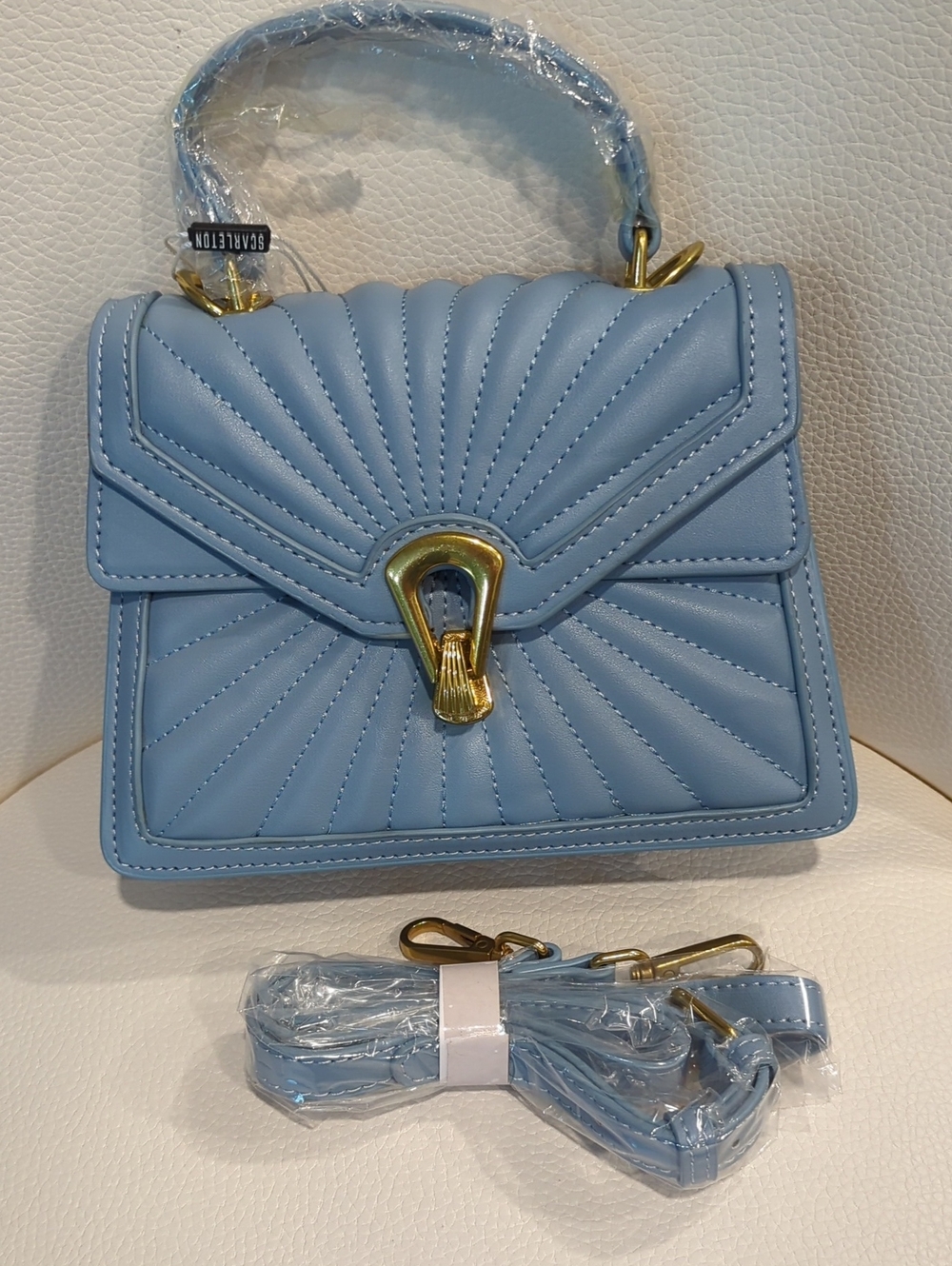 Quilted Light Blue Top-Handle Crossbody Bag with Gold Accent